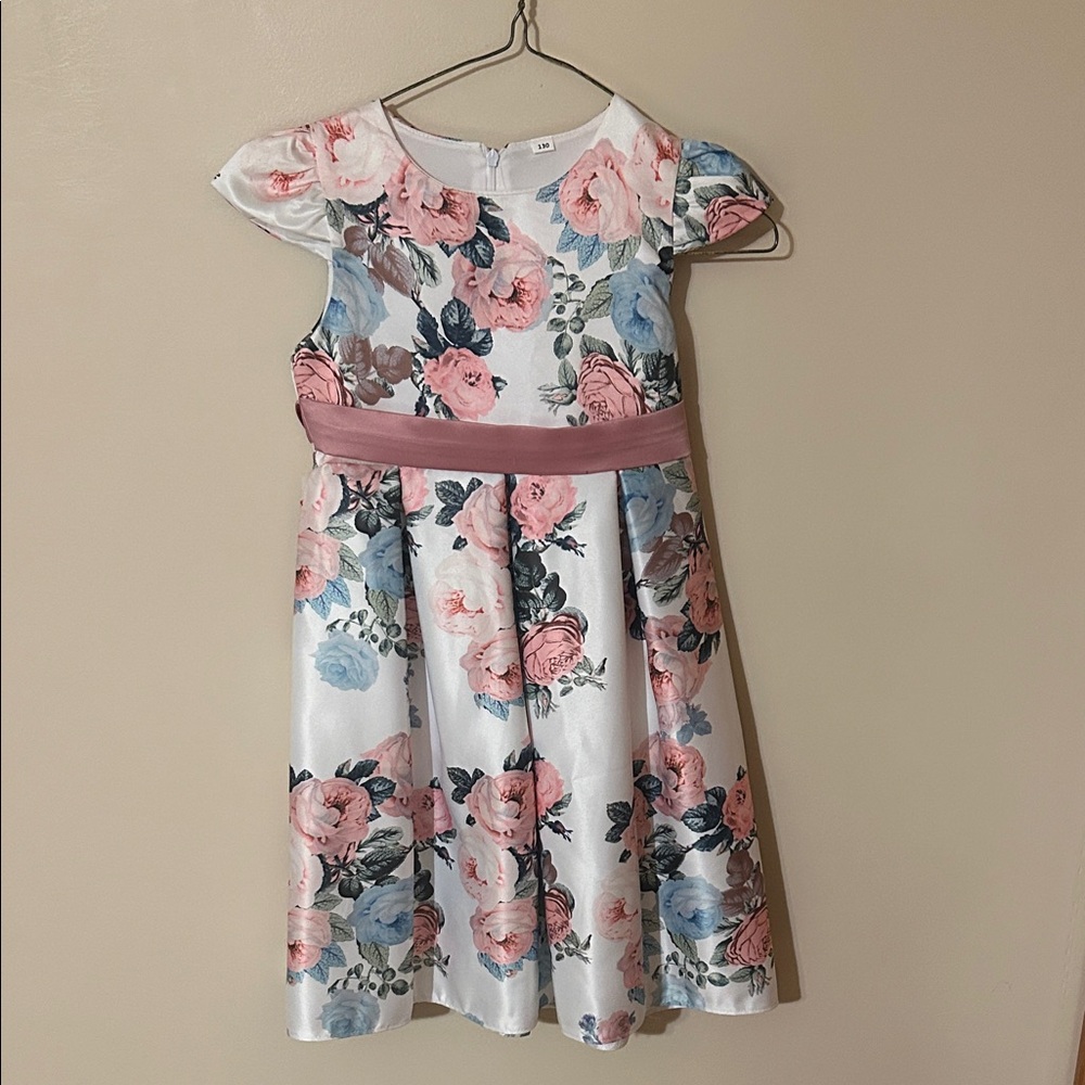 Floral Kids Dress with Pink and Blue Accents 7/8